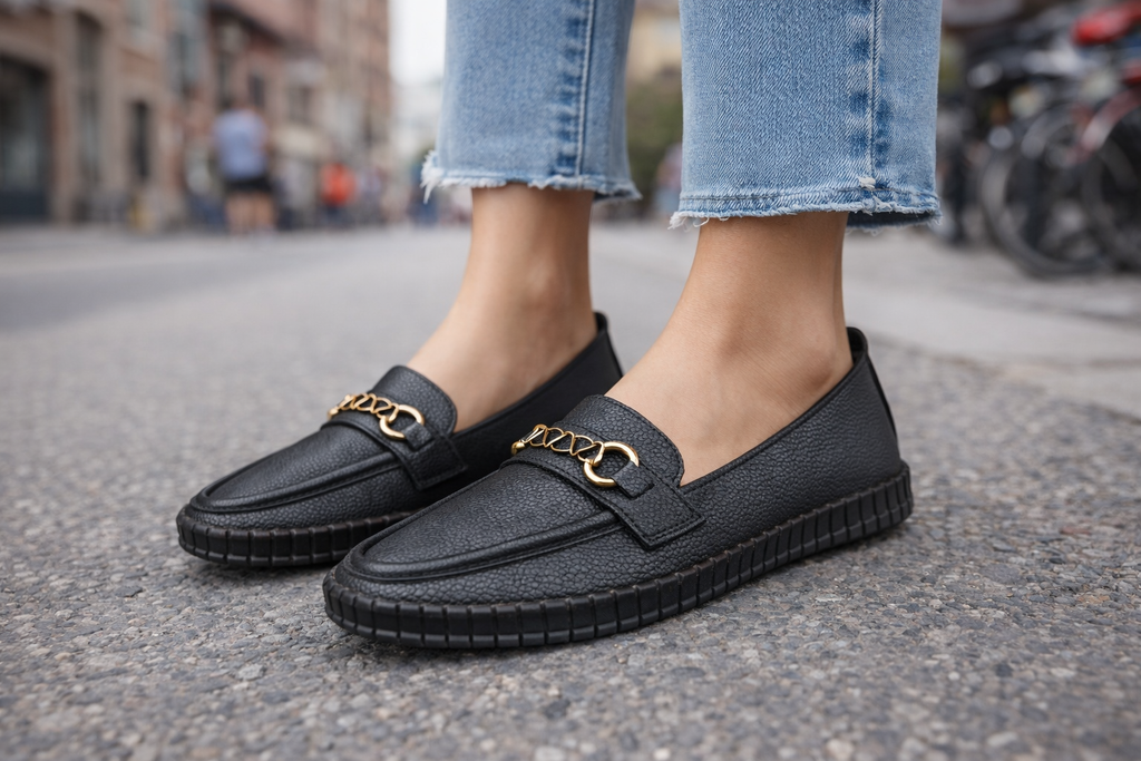 Women’s Black Chain Detail Loafers – Stylish Casual Comfort Slip-On Shoes
