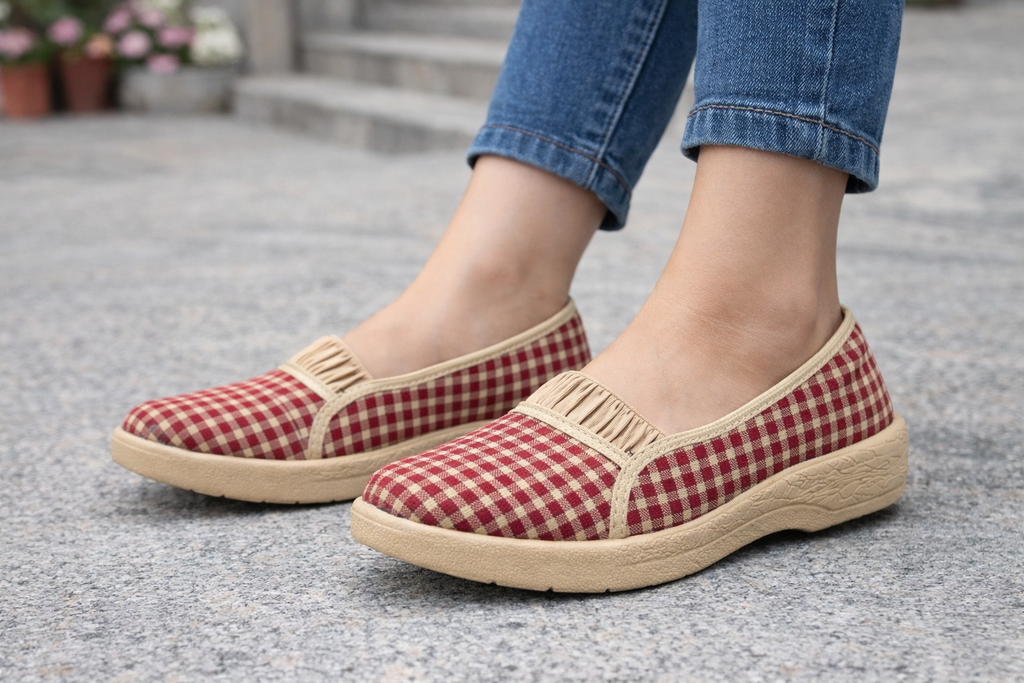 Women's Checked Casual Slip-On Shoes – Comfortable Lightweight Everyday Walking Shoes (Brown)