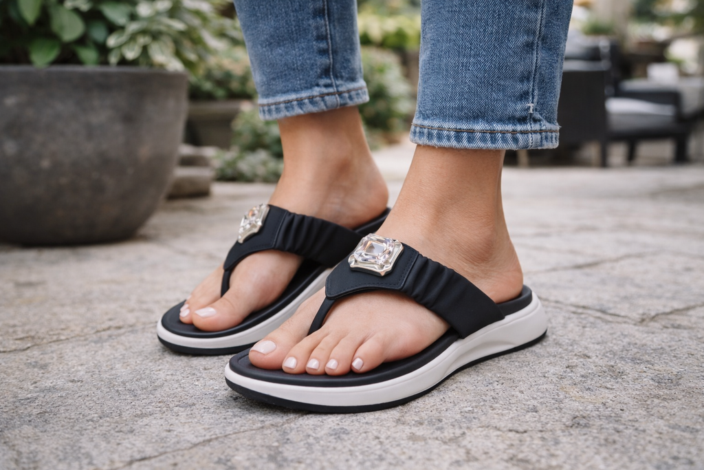 Women's Stylish Black Comfort Flip-Flop Sandals with Crystal Buckle