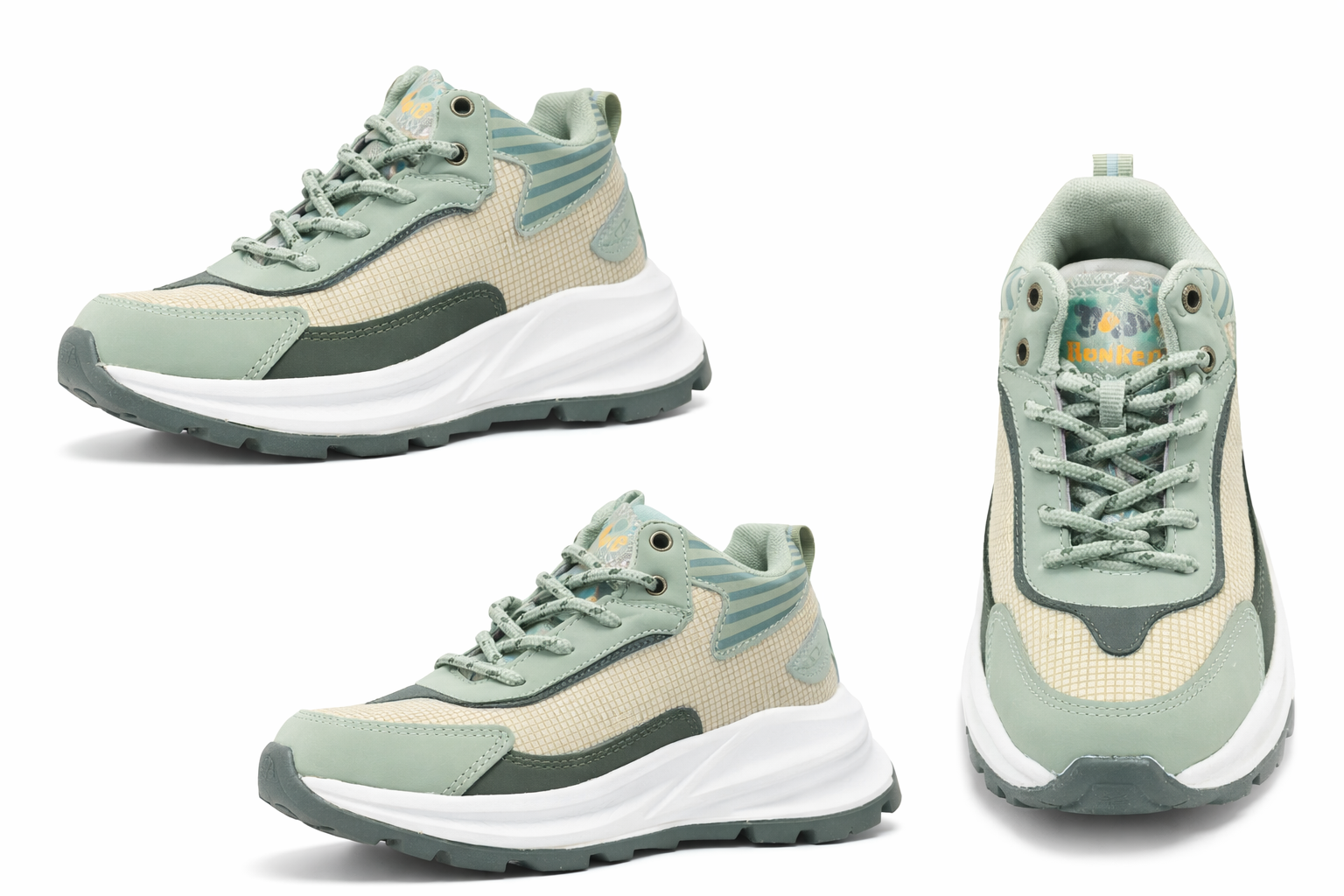 Kids Stylish Sports Sneakers – Lightweight Breathable Casual Running Shoes (Green/Beige)