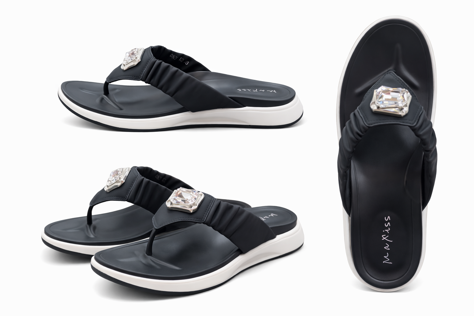 Women's Stylish Black Comfort Flip-Flop Sandals with Crystal Buckle