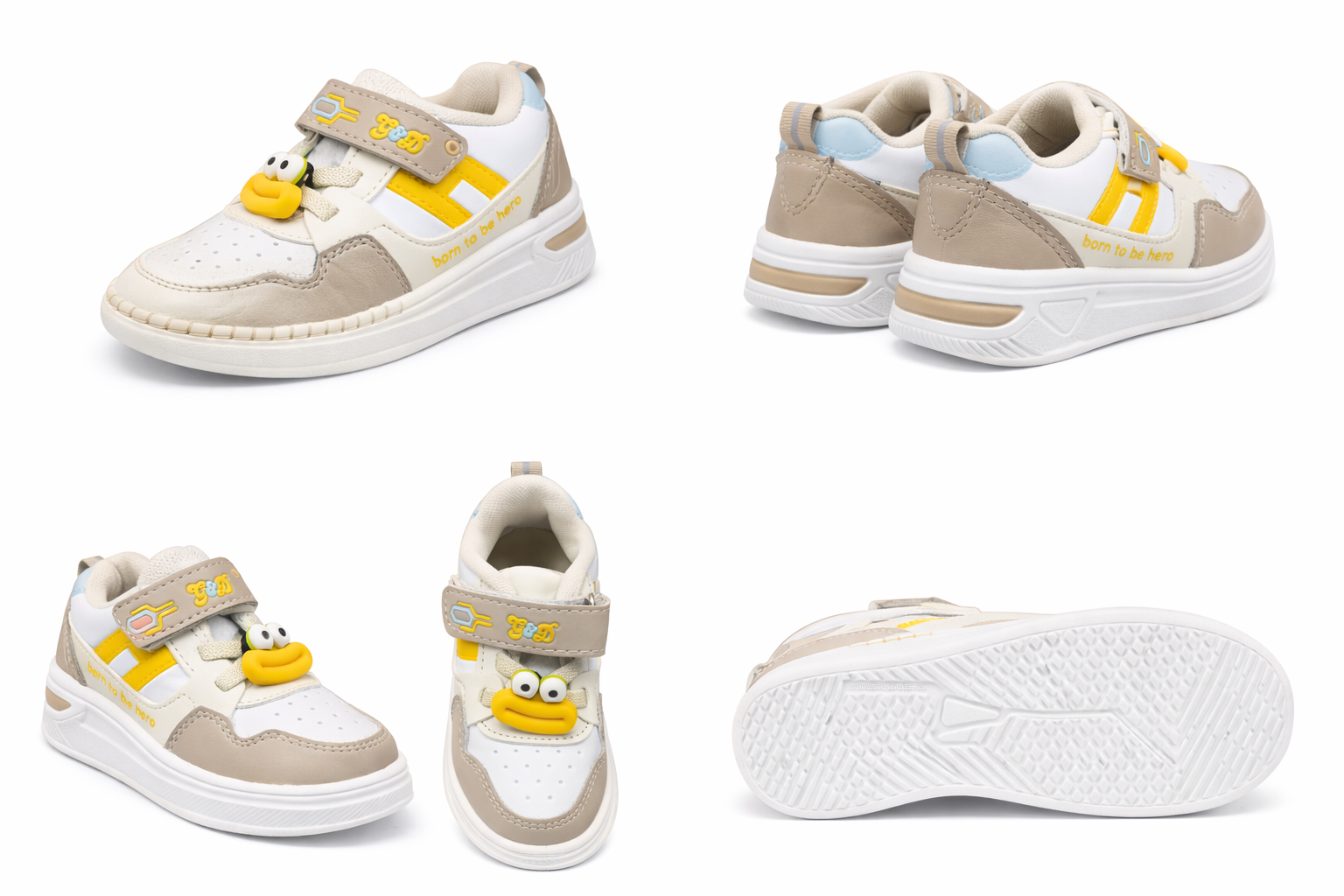 Kids Cartoon Casual Sneakers – Beige & Yellow Velcro Strap Shoes for Boys & Girls