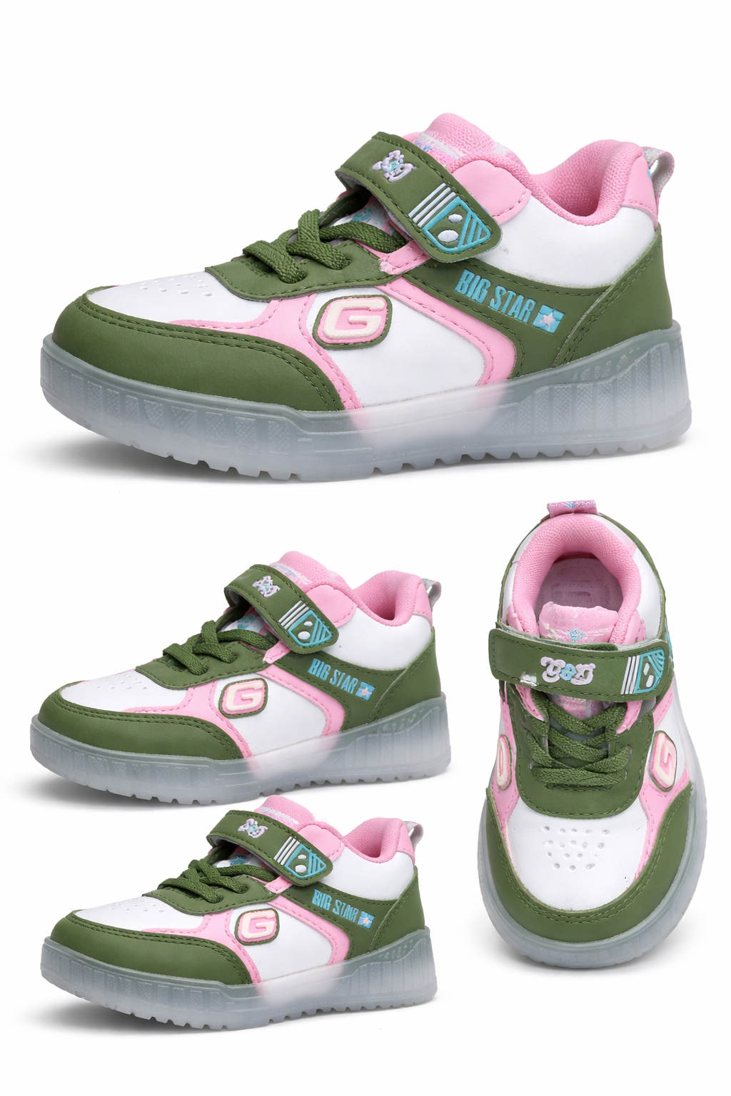 Kids Green & Pink Casual Sneakers | Stylish Velcro Strap Sports Shoes