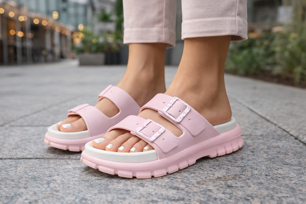 Women’s Stylish Double Buckle Casual Slide Sandals – Lightweight Comfort Soft Footbed Daily Wear Slippers (Black)