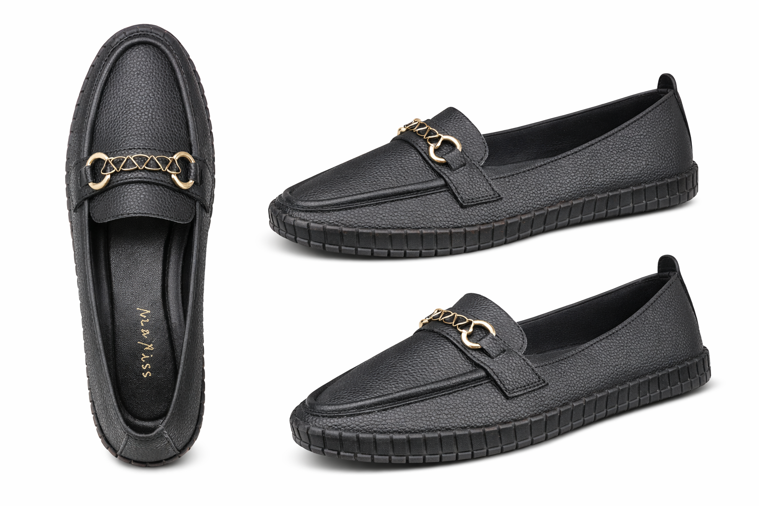 Women’s Black Chain Detail Loafers – Stylish Casual Comfort Slip-On Shoes
