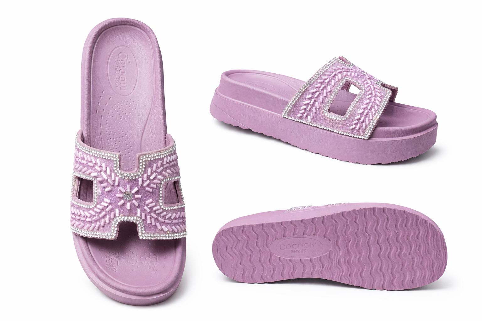Women’s Stylish Lilac Platform Sliders with Rhinestone Embellished Strap