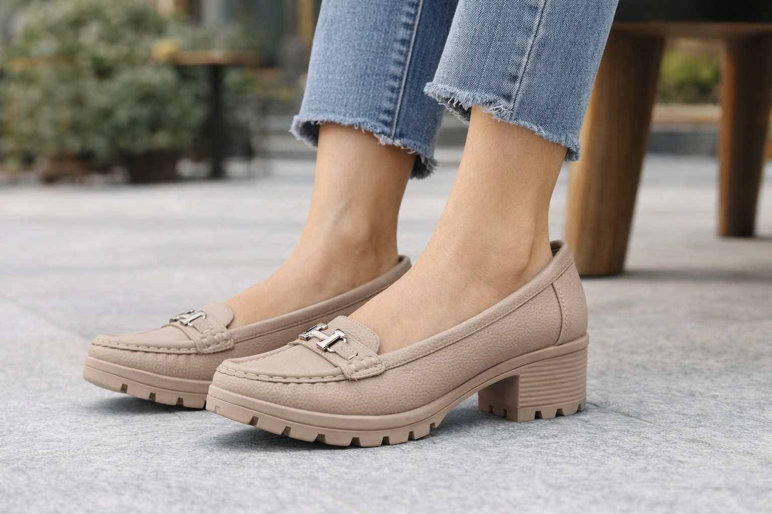 Women’s Beige Block Heel Loafers – Stylish Comfort Casual Slip-On Shoes
